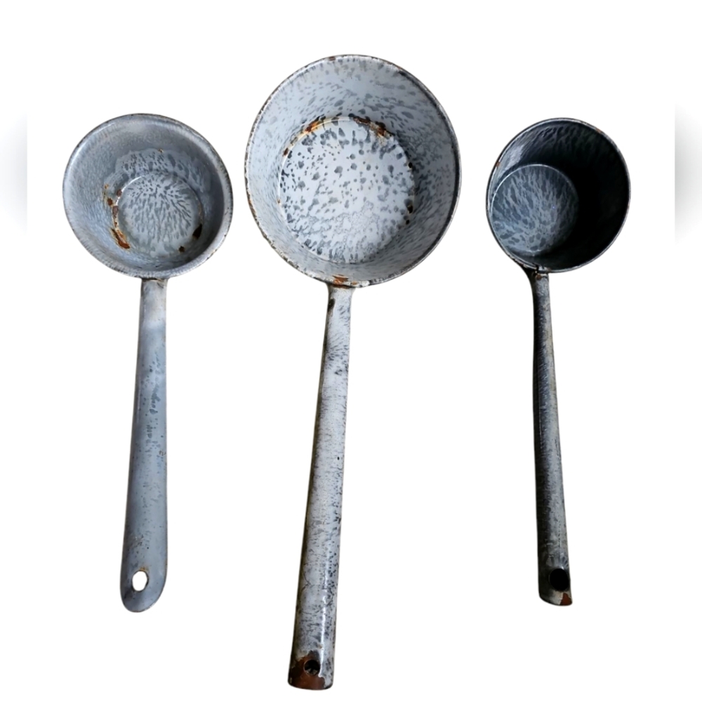 Vintage Gray Graniteware Ladles Set